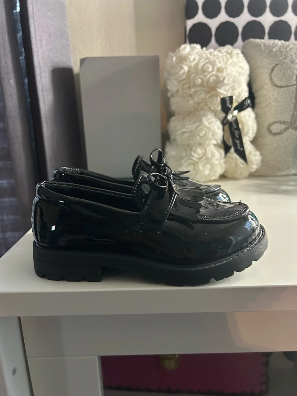 Kids Black Patent Fringe Loafers